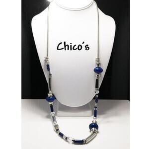 Chico's Long Silver & Blue Beaded Snake Chain Necklace, 38 Inches